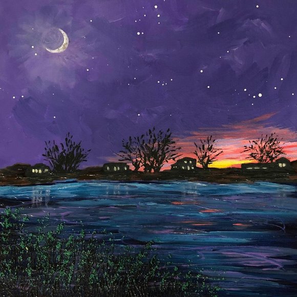 Sunset Crescent Moon 8 x 8 Acrylic Painting